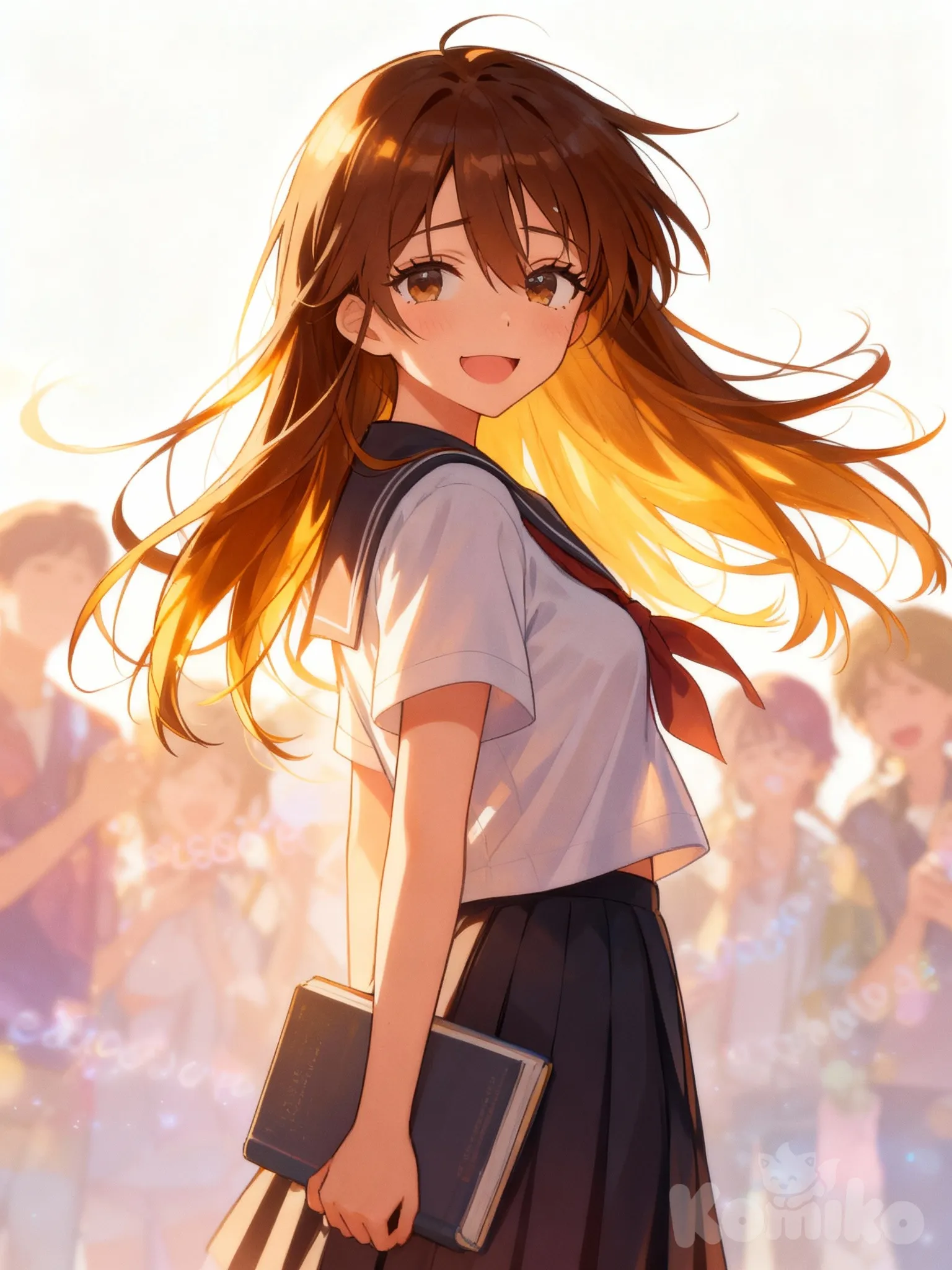 A teenage girl, wearing Japanese high school uniform, brown hair, facial expression similar to the reference, a bit frowning showing her harsh times and yet smiling brightly. her long lashes with golden glimpse by the sun, a standing pose holding her book and turning to face us. There hair is floating in the air by the wind. The sun is glazing on her, making her hair seems golden, warm and like a sun that warms people even in dark times. Anime style, for reference, kaoruko waguri is similar to her. The backround is in a dreamy style, showing people's obsessed over he