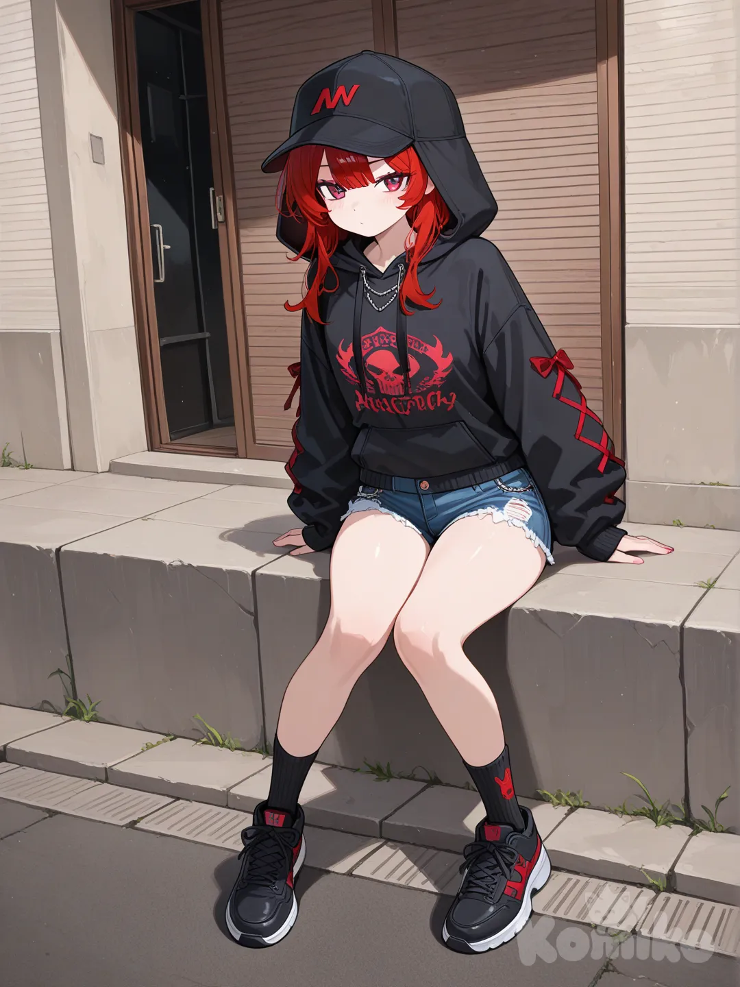 Uma garota, ruiva, boné preto com detalhes vermelhos, moletom preto com detalhes vermelhos, short curto, meias e tenis