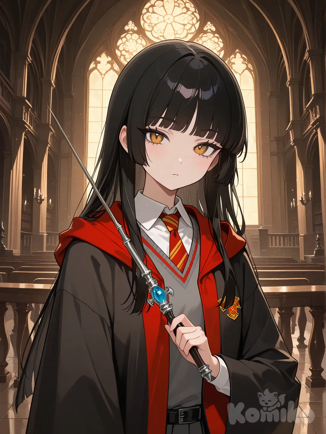 Holding Draco Malfoy's wand from Harry Potter, Hogwarts Castle, Universal Studios Japan (USJ) long black hair, bang, hime cut, upper body, looking at viewer, medium long shot