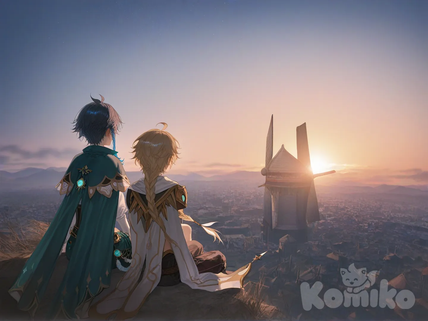 @Venti_(Genshin_Impact) and @Aether_(Genshin_Impact), wallpaper (object), They sat with their backs to the city, looking out at mondstadt city, [soft-light-illustration-style]