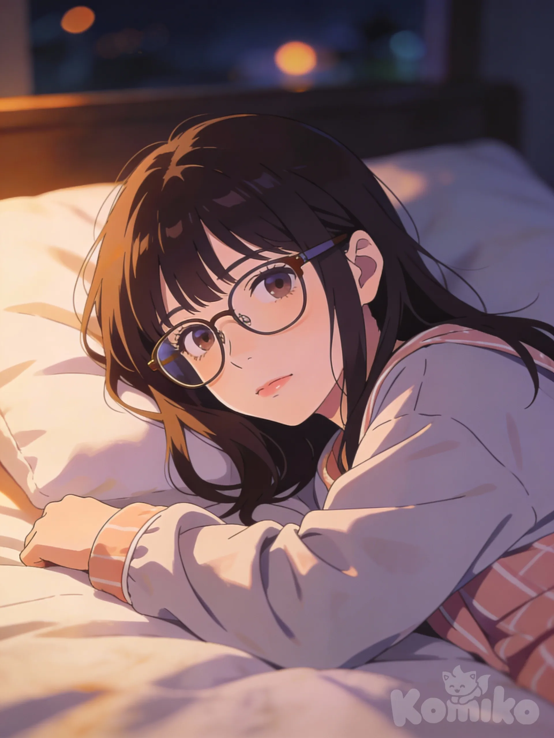 Lying on the bed, wearing glasses, long hair., looking at viewer, depth of field, front profile photo, night