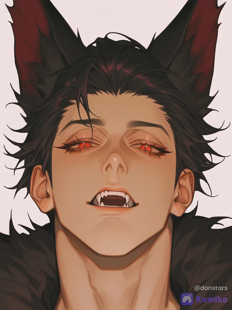 [thick-paint-male-style]solo, 1 man, black wolf ears, fangs, black hair, hair slicked back, red eyes, long eyelashes, portrait, looking at viewer