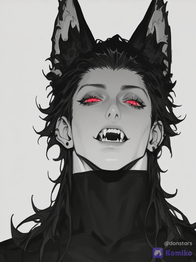 [thick-paint-male-style]solo, 1 man, black wolf ears, fangs, black hair, hair slicked back, red eyes, long eyelashes, portrait, looking at viewer