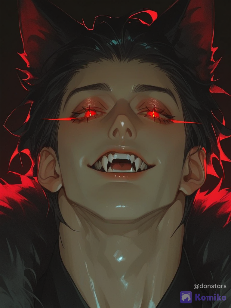 [thick-paint-male-style]solo, 1 man, black wolf ears, fangs, black hair, hair slicked back, red eyes, long eyelashes, portrait, looking at viewer