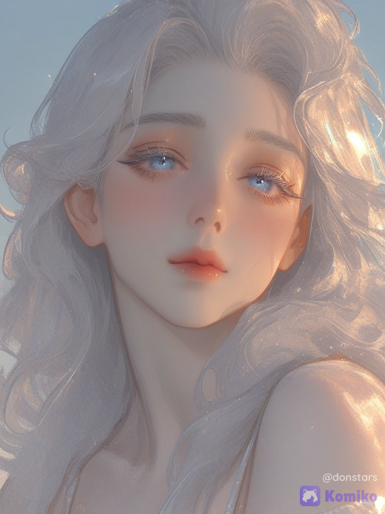 [thick-paint-male-style]solo, female, white hair, white eyelashes, long hair, wavy hair, long eyelashes, light blue eyes, ethereal, elegant, looking at viewer, lipgloss, blush, portrait, jewelry