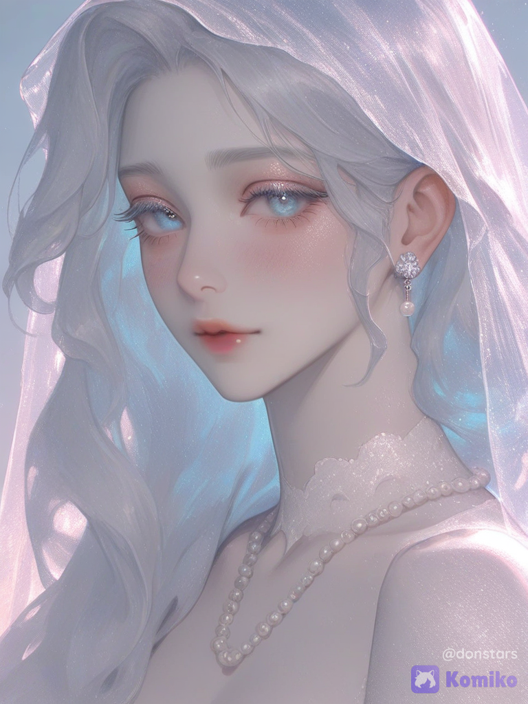 [thick-paint-male-style]solo, female, white hair, white eyelashes, long hair, long eyelashes, light blue eyes, ethereal, elegant, looking at viewer, lipgloss, blush, portrait, jewelry, shy