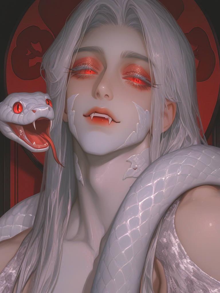 [thick-paint-male-style]solo, 1male, portrait, long hair, straight hair, white hair, red eyes, snake eyes, long eyelashes, white eyelashes, red eyeliner, fangs, partial silver snake scales on face and neck, intense, looking at viewer, ethereal, white snake with red eyes on shoulder