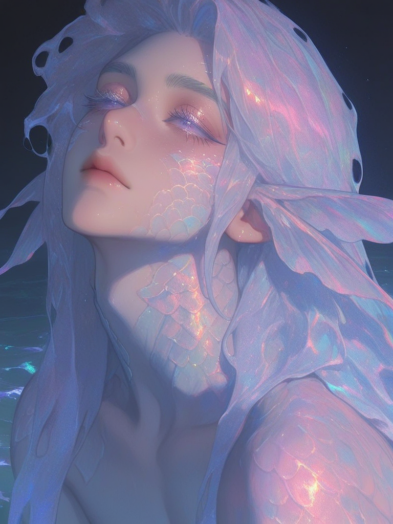 [thick-paint-male-style]solo, 1male, portrait, ethereal, white hair, long hair, gradient hair, pastels, blind eyes, fish scales partly on face and neck, koi theme, long eyelashes, white eyelashes, androgynous, jewelry, iridescent fins as ears