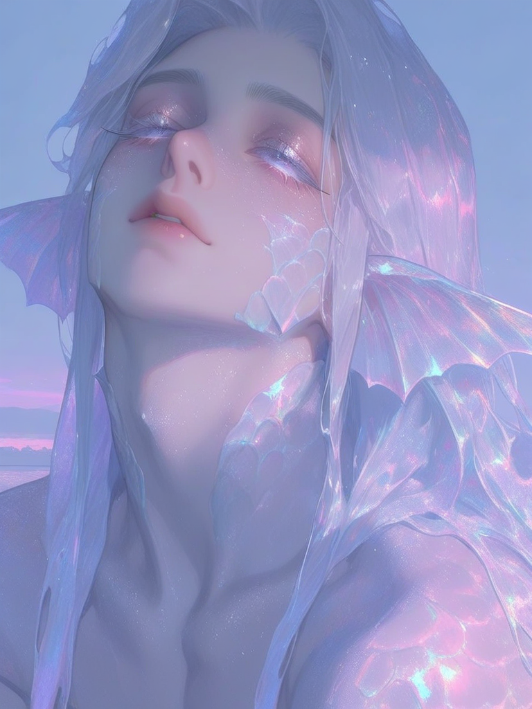 [thick-paint-male-style]solo, 1male, portrait, ethereal, white hair, long hair, gradient hair, pastels, blind eyes, fish scales partly on face and neck, koi theme, long eyelashes, white eyelashes, androgynous, jewelry, iridescent fins as ears