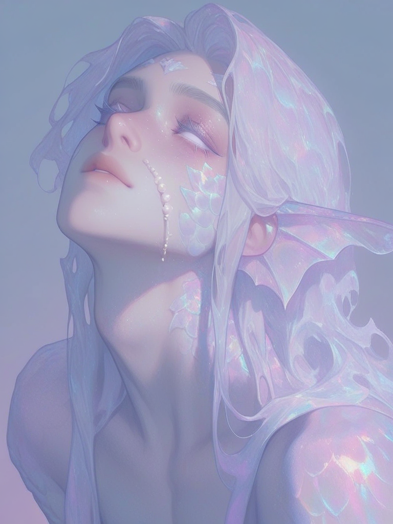 [thick-paint-male-style]solo, 1male, portrait, ethereal, white hair, long hair, gradient hair, pastels, blind eyes, fish scales partly on face and neck, koi theme, long eyelashes, white eyelashes, androgynous, jewelry, iridescent fins as ears