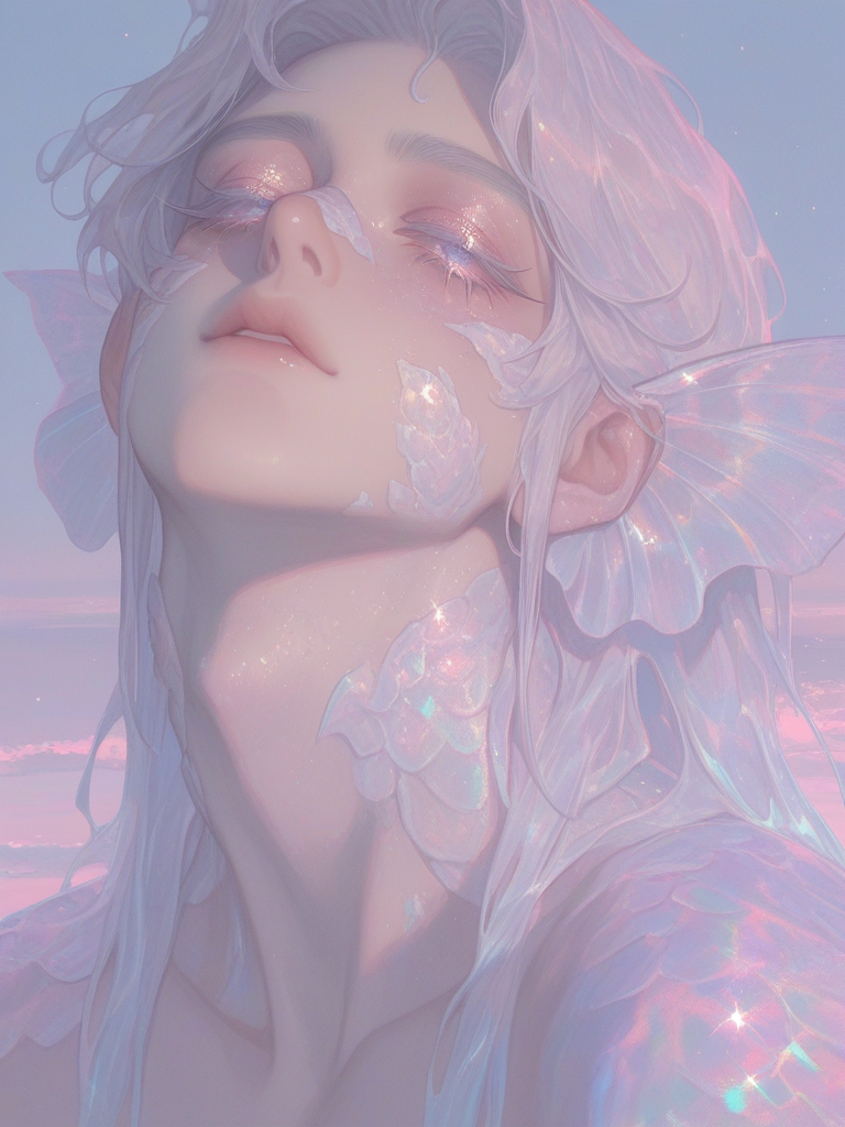 [thick-paint-male-style]solo, 1male, portrait, ethereal, white hair, long hair, gradient hair, pastels, blind eyes, fish scales partly on face and neck, koi theme, long eyelashes, white eyelashes, androgynous, pearls, jewelry, iridescent fins as ears