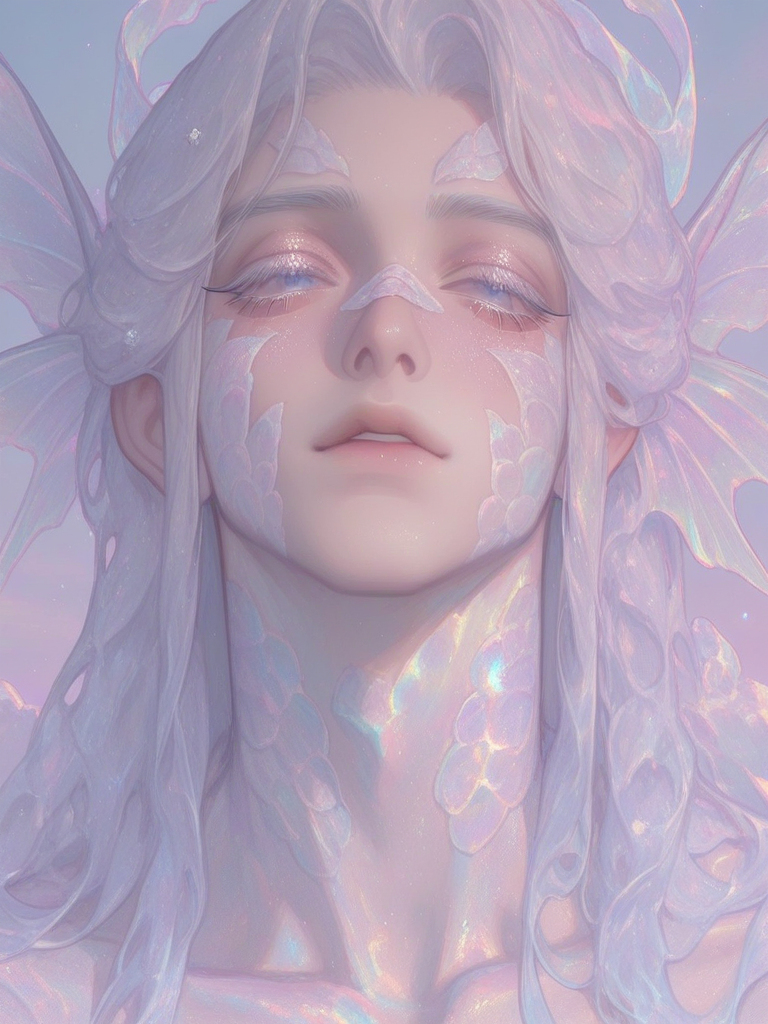 [thick-paint-male-style]solo, 1male, portrait, ethereal, white hair, long hair, gradient hair, pastels, blind eyes, fish scales partly on face and neck, koi theme, long eyelashes, white eyelashes, androgynous, pearls, jewelry, iridescent fins as ears, looking at viewer
