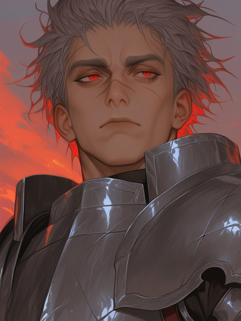 [thick-paint-male-style]solo, 1boy, firelight, twilight, grey hair, messy hair, red eyes, knight, headshot, intense, scar on nose