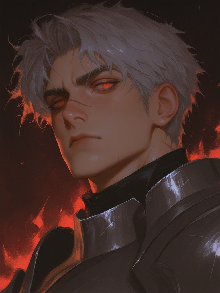 [thick-paint-male-style]solo, 1boy, firelight, twilight, grey hair, messy hair, red eyes, knight, headshot, intense, scar on nose