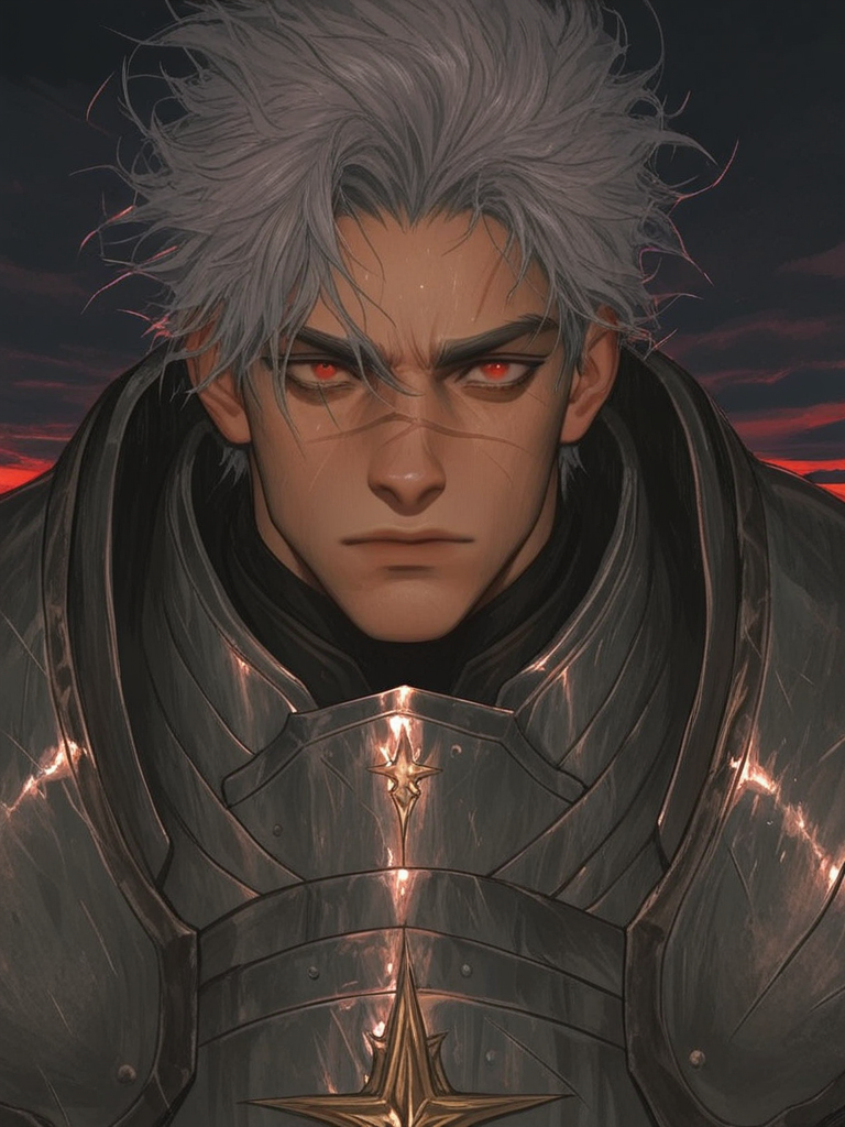 [thick-paint-male-style]solo, 1boy, firelight, twilight, grey hair, messy hair, red eyes, knight, headshot, intense, scar on nose
