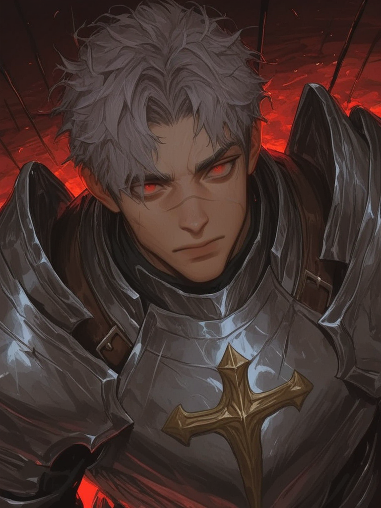 [thick-paint-male-style]solo, 1boy, firelight, twilight, grey hair, messy hair, red eyes, knight, headshot, intense, scar on nose