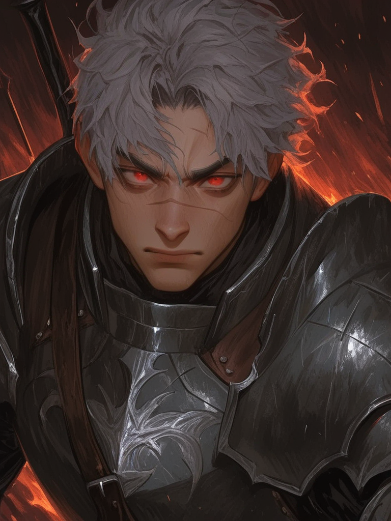 [thick-paint-male-style]solo, 1boy, firelight, twilight, grey hair, messy hair, red eyes, knight, headshot, intense, scar on nose
