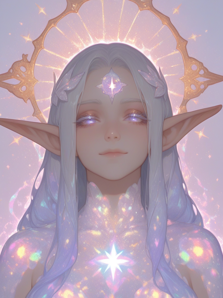 [thick-paint-male-style]solo, 1girl, ethereal, headshot, cinematic lighting, elf, elven, elf ears, silver hair, iridescent hair, long hair, iridescent eyes, third eye on forehead, long eyelashes, white eyelashes, white tattoos, shimmering, ethereal lighting