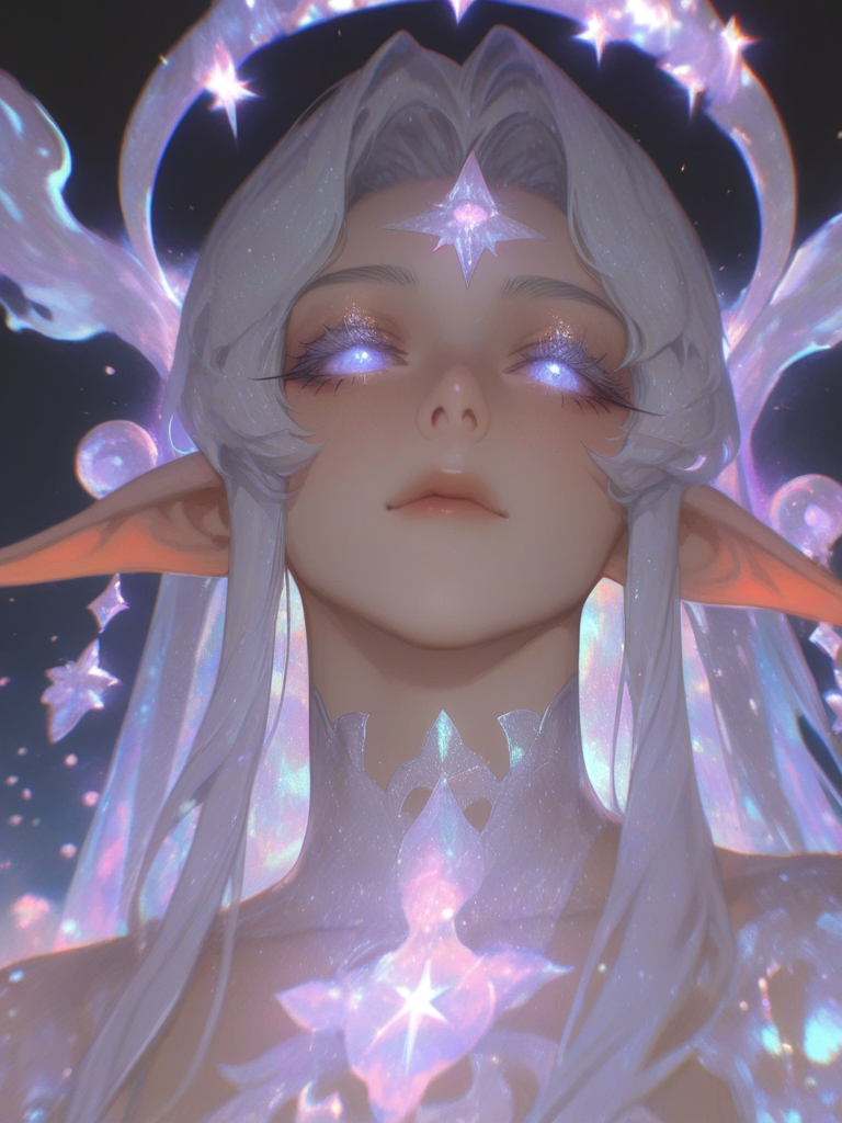 [thick-paint-male-style]solo, 1girl, ethereal, headshot, cinematic lighting, elf, elven, elf ears, silver hair, iridescent hair, long hair, iridescent eyes, third eye on forehead, long eyelashes, white eyelashes, white tattoos, shimmering, ethereal lighting