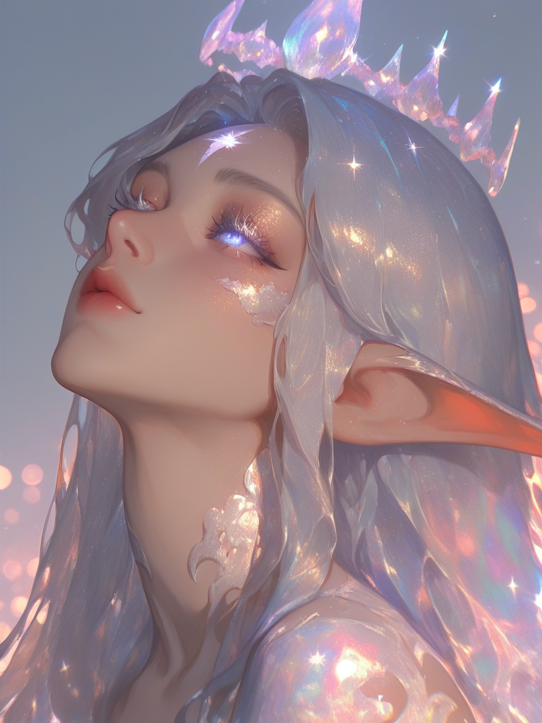 [thick-paint-male-style]solo, 1girl, ethereal, headshot, cinematic lighting, elf, elven, elf ears, silver hair, iridescent hair, long hair, iridescent eyes, third eye on forehead, long eyelashes, white eyelashes, white tattoos, shimmering, ethereal lighting