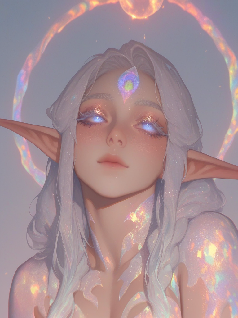 [thick-paint-male-style]solo, 1girl, ethereal, headshot, cinematic lighting, elf, elven, elf ears, silver hair, iridescent hair, long hair, iridescent eyes, third eye on forehead, long eyelashes, white eyelashes, white tattoos, shimmering, ethereal lighting