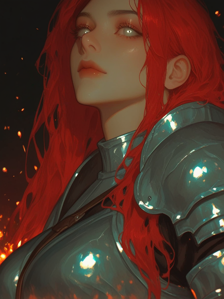 [thick-paint-male-style]solo, 1girl, headshot, ethereal lighting, firelight, ethereal, female knight, red hair, long hair, long eyelashes, grey eyes