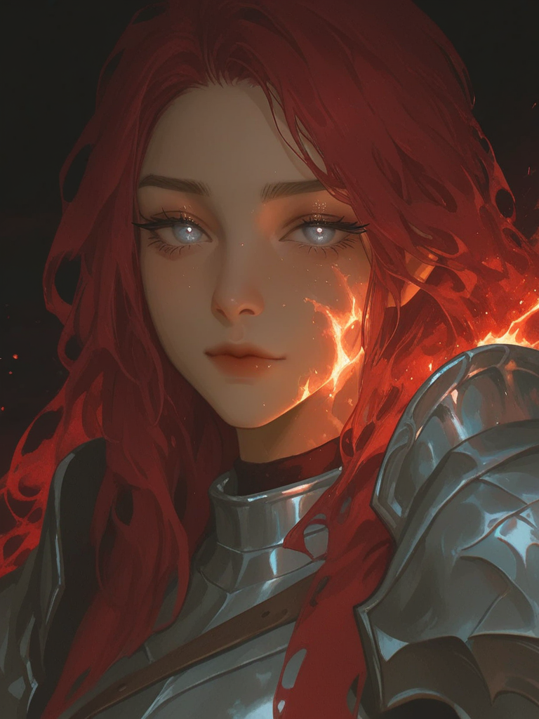 [thick-paint-male-style]solo, 1girl, headshot, ethereal lighting, firelight, ethereal, female knight, red hair, long hair, long eyelashes, grey eyes