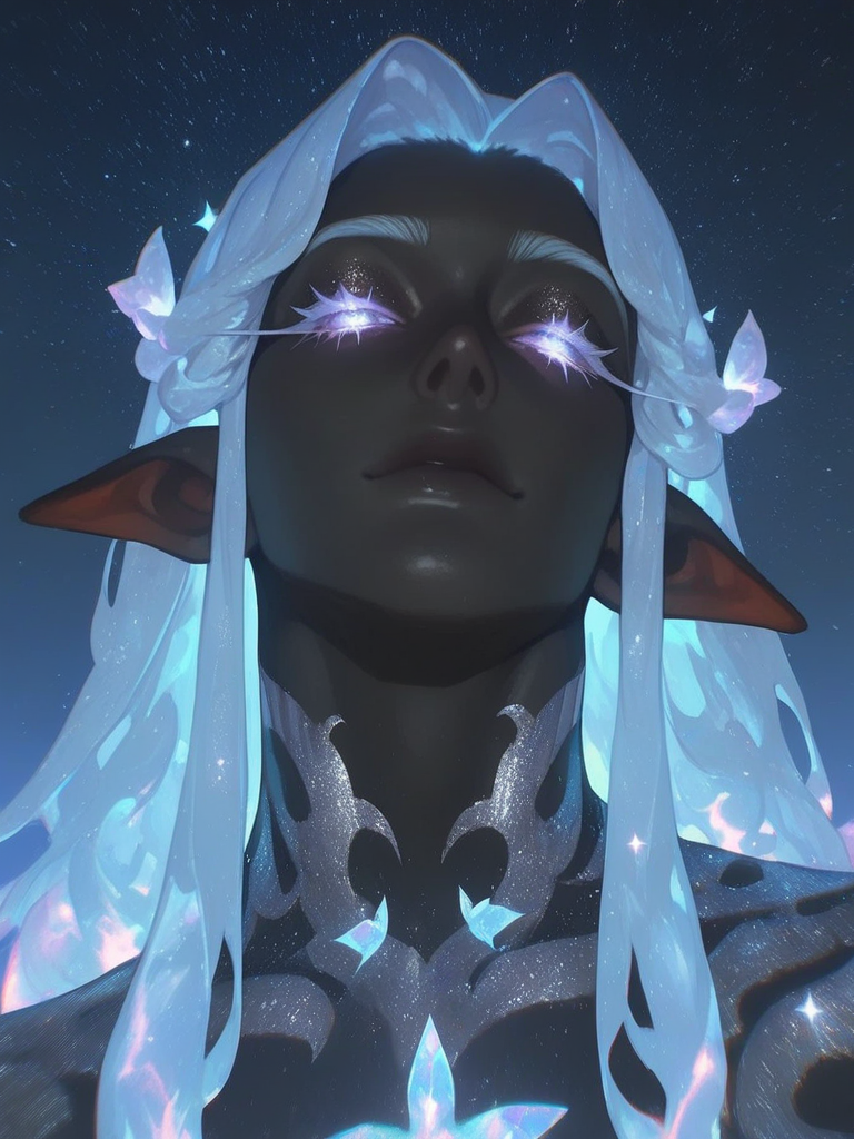 solo, 1boy, male elf, dark elf, androgynous, headshot, night, dark skin, black skin, light blue hair, very long hair, light blue eyes, long eyelashes, light blue eyelashes, silver tattoos, moon and stars motif, galaxy pattern, shimmering skin, glitter particles, looking at viewer, ethereal, ethereal lighting, beautiful face, sharp focus[thick-paint-male-style]
