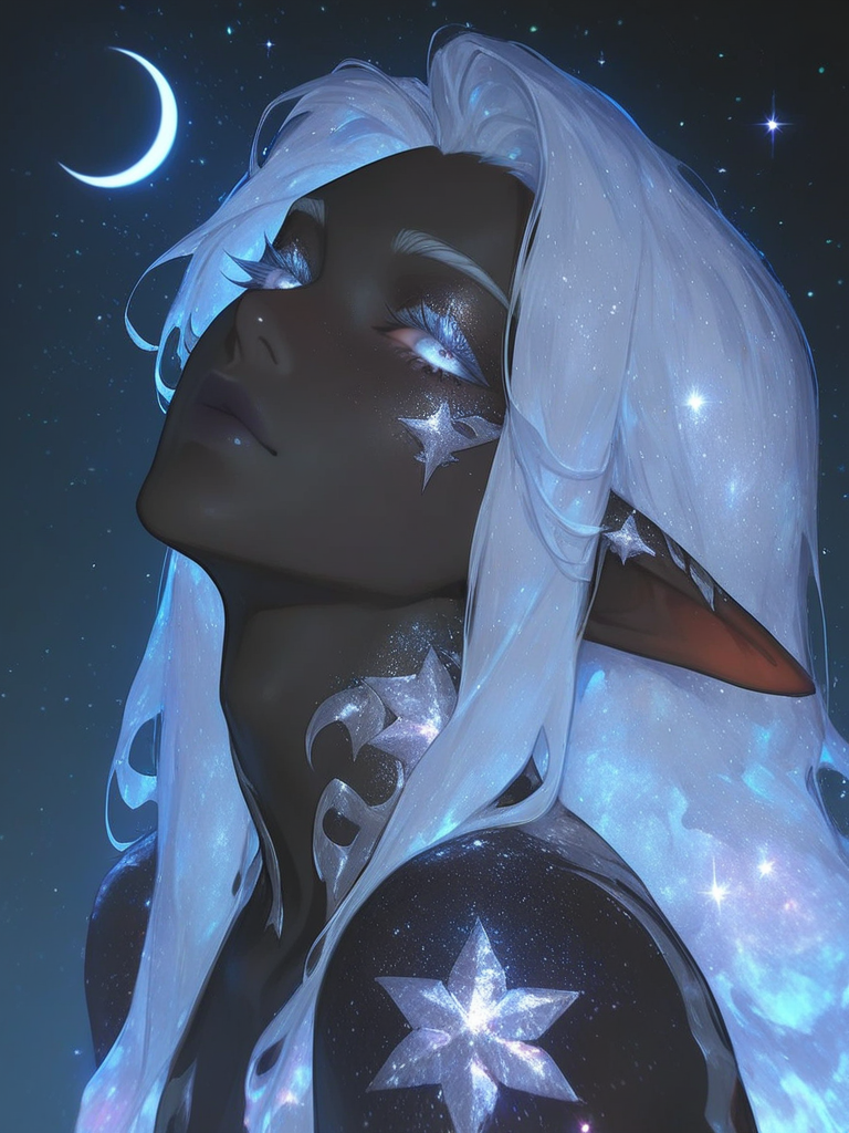 solo, 1boy, male elf, dark elf, androgynous, headshot, night, dark skin, black skin, light blue hair, very long hair, light blue eyes, long eyelashes, light blue eyelashes, silver tattoos, moon and stars motif, galaxy pattern, shimmering skin, glitter particles, looking at viewer, ethereal, ethereal lighting, beautiful face, sharp focus[thick-paint-male-style]