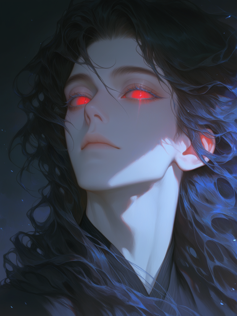 [thick-paint-male-style]solo, 1boy, headshot, androgynous, ethereal, ethereal lighting, black hair, long hair, wavy hair, red eyes, long eyelashes, foxlike eyes