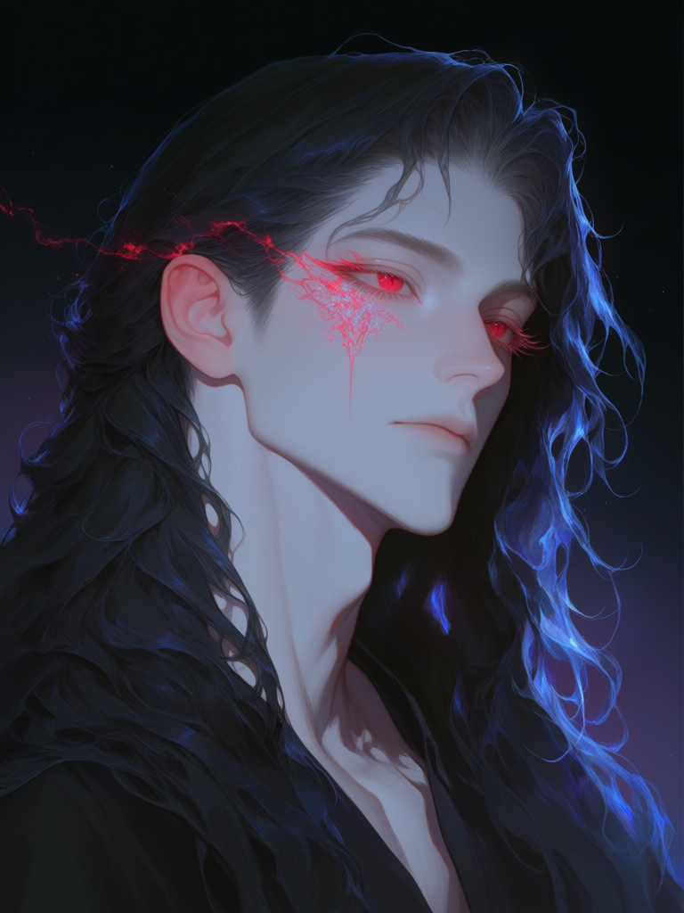 [thick-paint-male-style]solo, 1boy, headshot, androgynous, ethereal, ethereal lighting, black hair, long hair, wavy hair, red eyes, long eyelashes, foxlike eyes