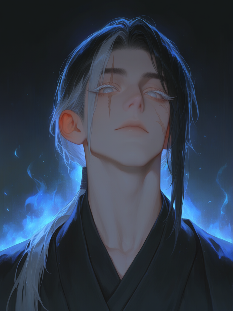 [thick-paint-male-style]solo, 1boy, headshot, androgynous, ethereal, ethereal lighting, black hair, long hair, straight hair, grey eyes, long eyelashes, low ponytail, samurai, one grey streak in hair, scar over eye