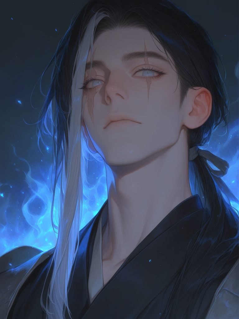 [thick-paint-male-style]solo, 1boy, headshot, androgynous, ethereal, ethereal lighting, black hair, long hair, straight hair, grey eyes, long eyelashes, low ponytail, samurai, one grey streak in hair, scar over eye