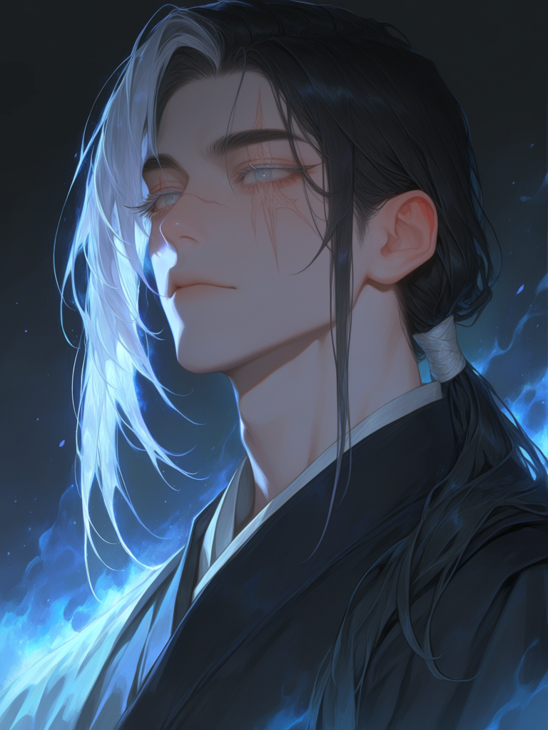 [thick-paint-male-style]solo, 1boy, headshot, androgynous, ethereal, ethereal lighting, black hair, long hair, straight hair, grey eyes, long eyelashes, low ponytail, samurai, one grey streak in hair, scar over eye