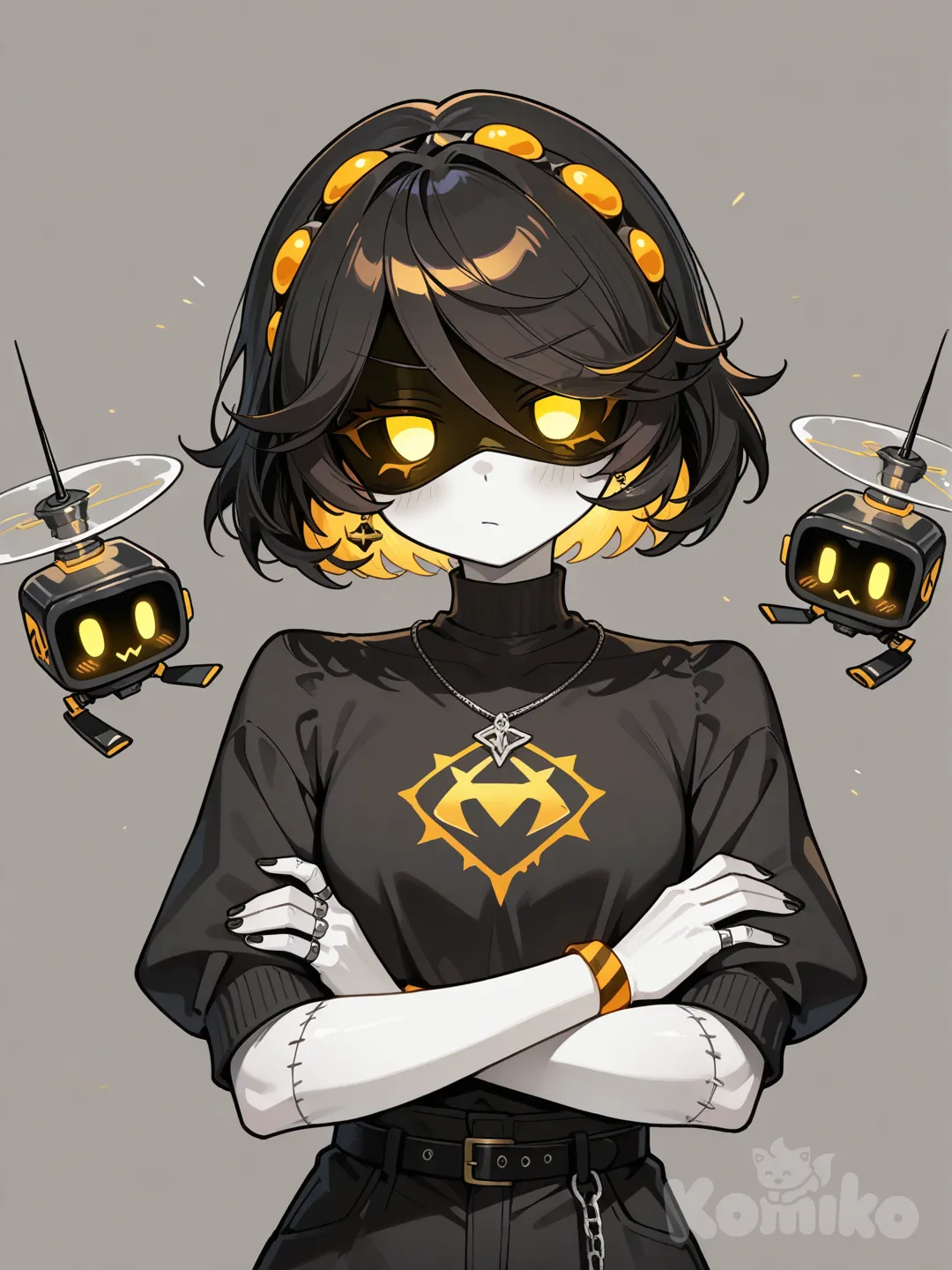 Murder drones, arms crossed, disassembly drone, do not change anything of the reference image aside from pose only.