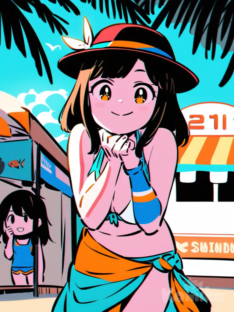 chica sola, 21 años, de pie, tienda de artículos de playa, vibrante, luminosa, coloridos trajes de baño, sombrero, gafas de sol, pareo, atractivo, bikini blanco, senos copa d, dos piezas, alto contraste, ojos marrones, expresivos, pelo negro, largo, lacio, sonrisa radiante, felicidad, encantadora indecisión, manos levantadas, cerca de barbilla, dedos curvados, pensando, elección, percheros, maniquí, opciones, bikini azul claro, brillante, veraniego, traje de baño una pieza, rosita suave, luz brillante, cálida, día soleado, verano, fondo desenfocado, dulce dilema