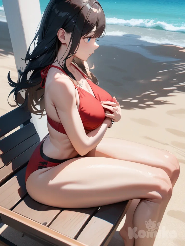 solo, mujer, senos medianos, piernas gruesas, piernas tonificadas, trasero perfecto, bikini rojo, bikini de dos piezas, playa, vista de perfil, figura esbelta, pelo negro ondulado, ojos azules, abrazando sus senos, realzar busto, paisaje marino, estilo veraniego, día soleado