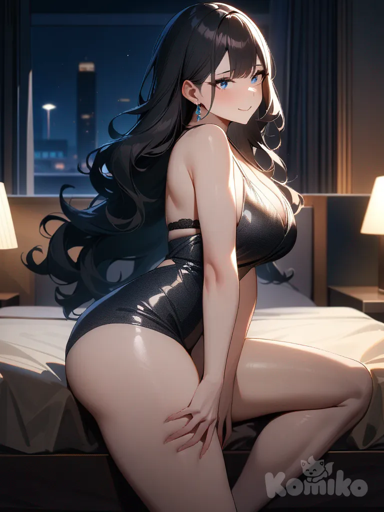 1girl, mujer adulta, cabello largo, cabello negro, cabello ondulado, piel suave, expresión sensual, motel elegante, pose atractiva, senos grandes, piernas largas, sonrisa radiante, mejillas sonrojadas, ojos azules, brisa suave, iluminación cálida, ambiente sofisticado, maquillaje sutil, joyería delicada