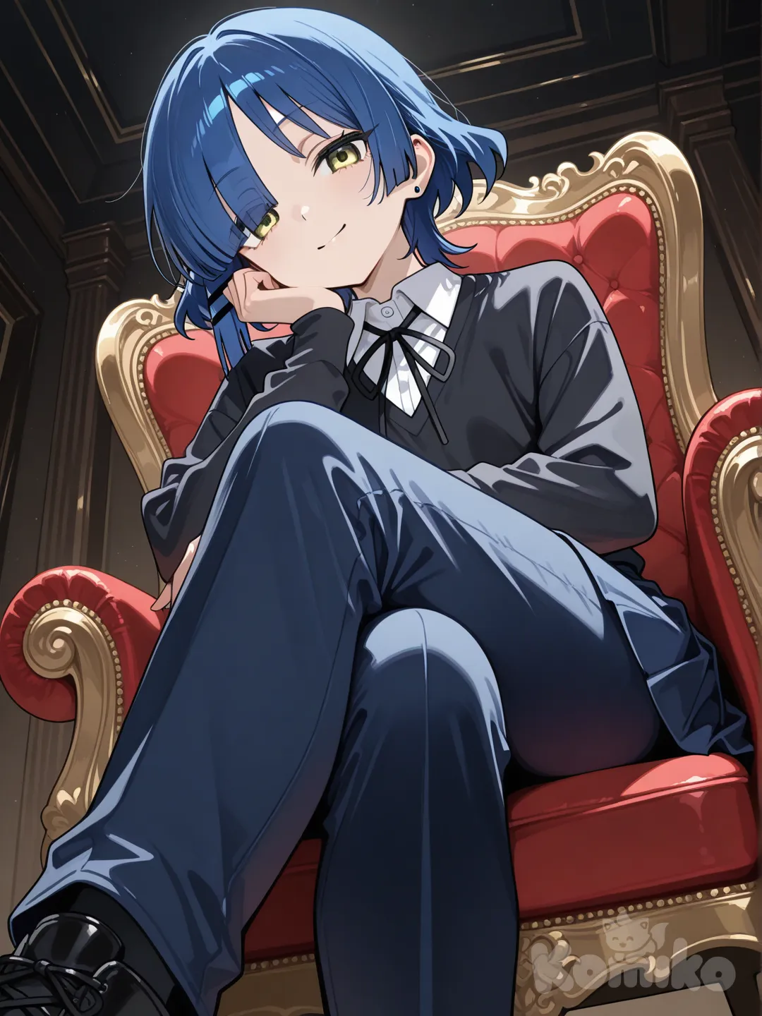 @Yamada_Ryo1：从脚向上拍的仰视效果，让人物坐着，采用近大远小的构图和超广角视觉，低角度拍摄，增强空间感视觉冲击力，人物整体姿态，服装及背景环境不变，呈现人物慵懒的靠在椅子上，椅子旁边有扶手，架着二郎腿，一只手借助扶手撑着脸，表情微笑头部微微倾斜。3:4比例。