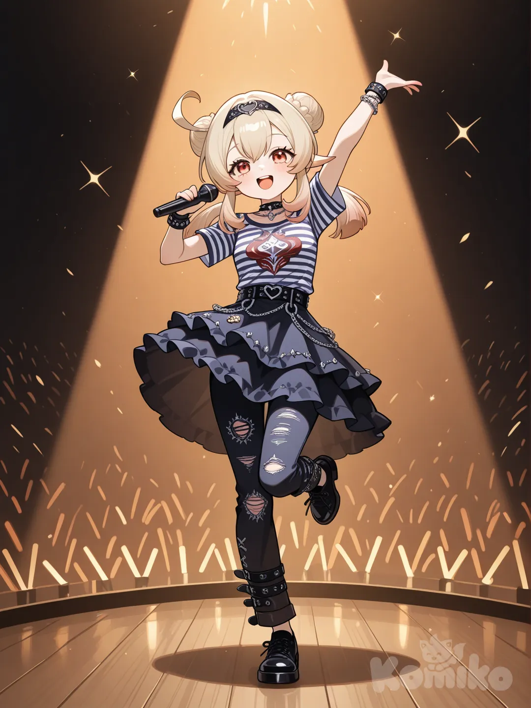 1girl, punk bun, @Klee_(Genshin_Impact), singing, dancing, t-shirt, striped shirt, suit pants, evening dress, ruffles, headband, navy blue, full body