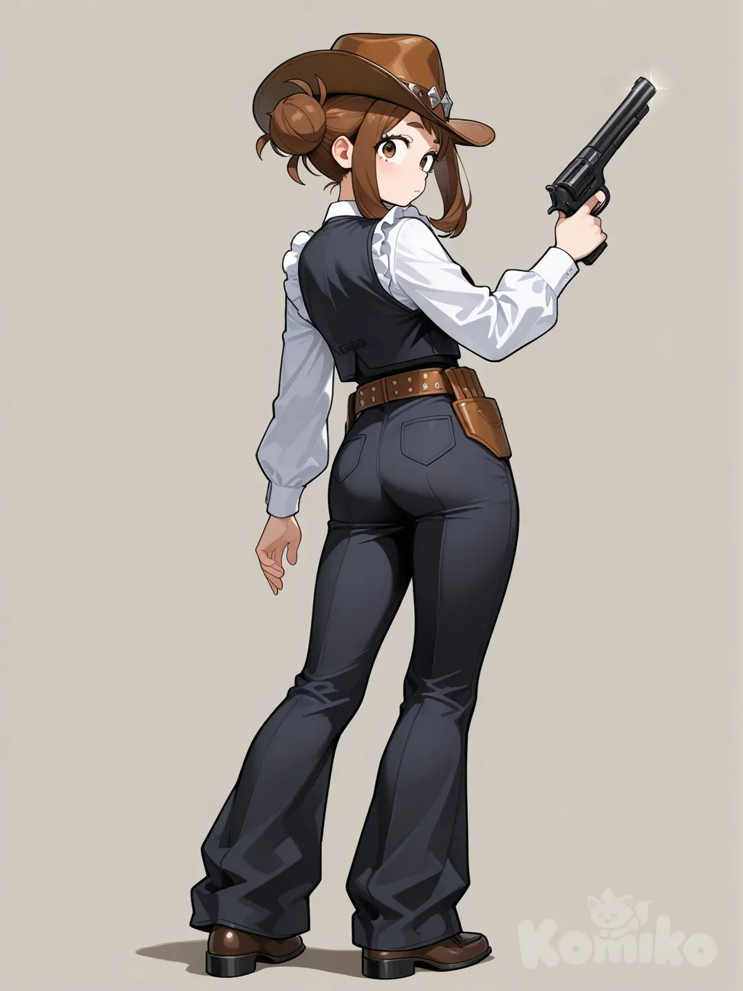 @Uraraka_Ochako, holding gun, looking back, school vest, wide-leg pants, little black dress, ruffles, cowboy hat, double buns, full body, top light, clean background