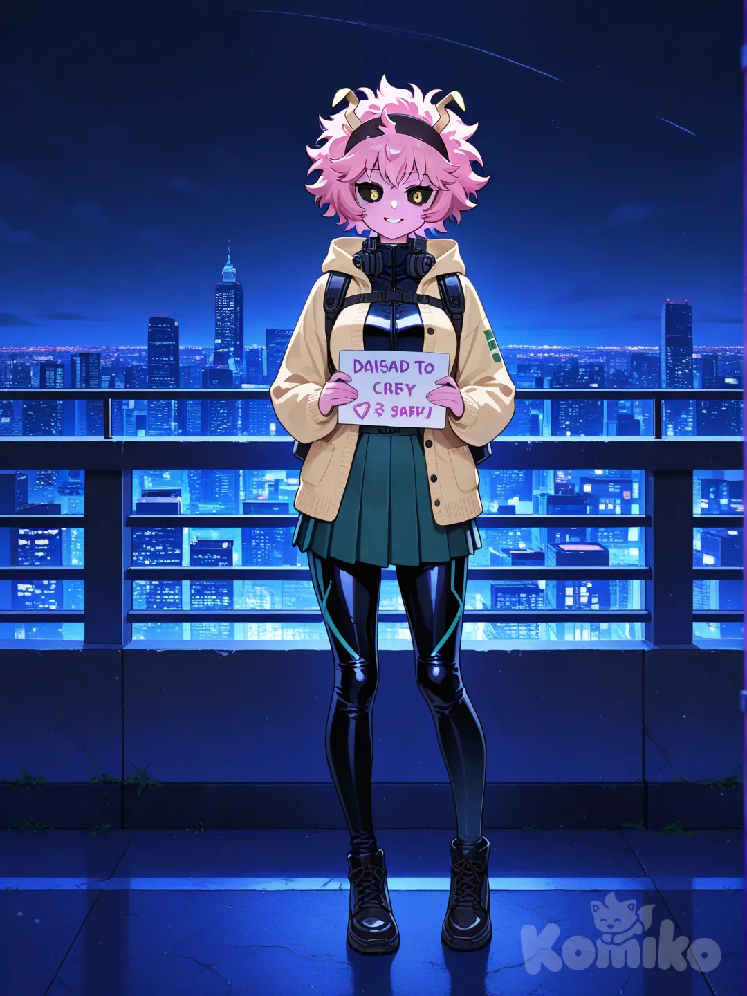 @Ashido_Mina, holding sign, knitted cardigan, pleated skirt, diving suit, studs, headband, full body, city lights, skyscraper