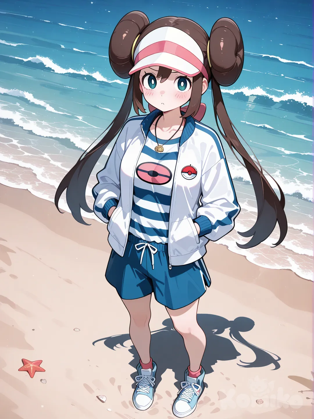 1girl, @Rosa_(Pokemon), hands in pockets, blush, striped shirt, t-shirt, beach shorts, tracksuit, sherpa, necklace, full body