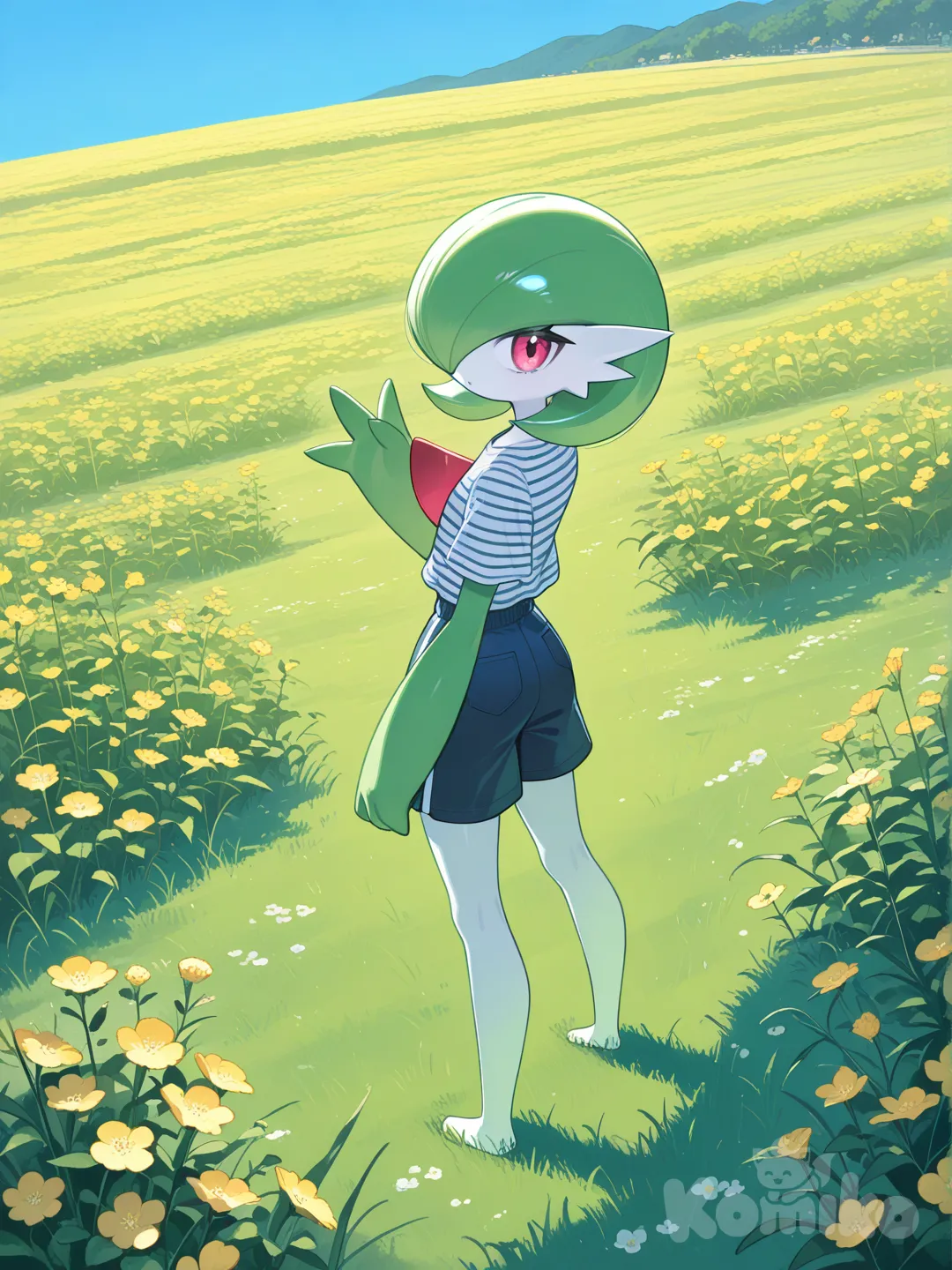 1girl, @Gardevoir, waving, looking back, beach shorts, striped shirt, full body, flower field