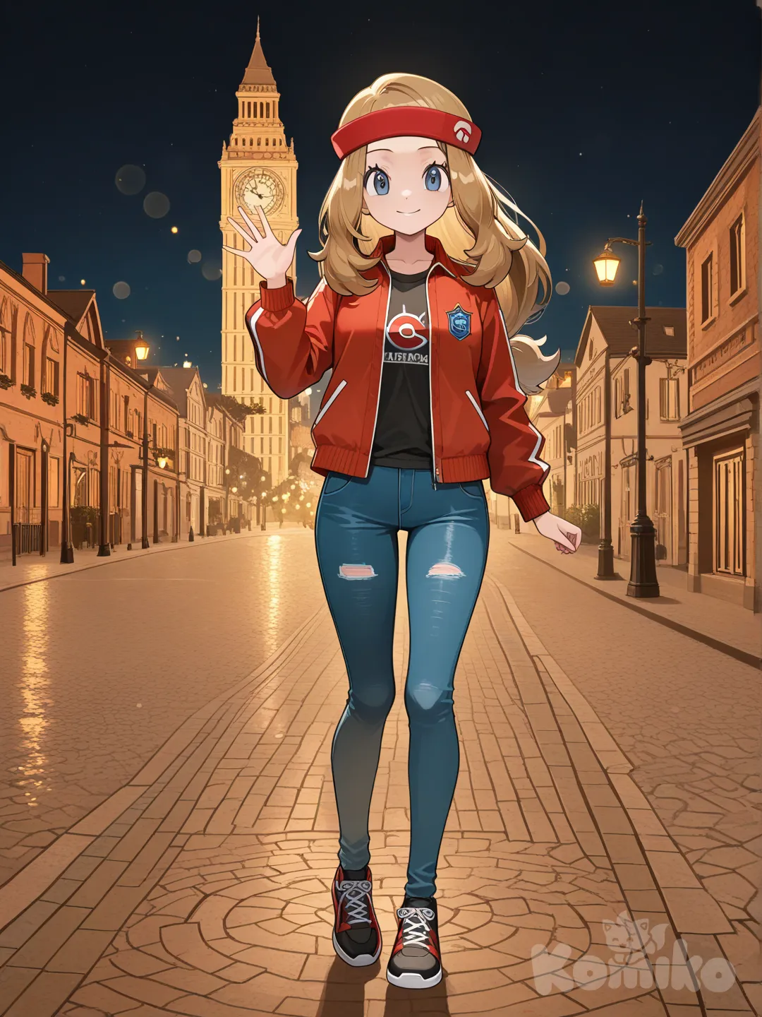 @Serena_(Pokemon), waving, smile, t-shirt, jeans, tracksuit, sherpa, headband, full body, city lights, clock tower