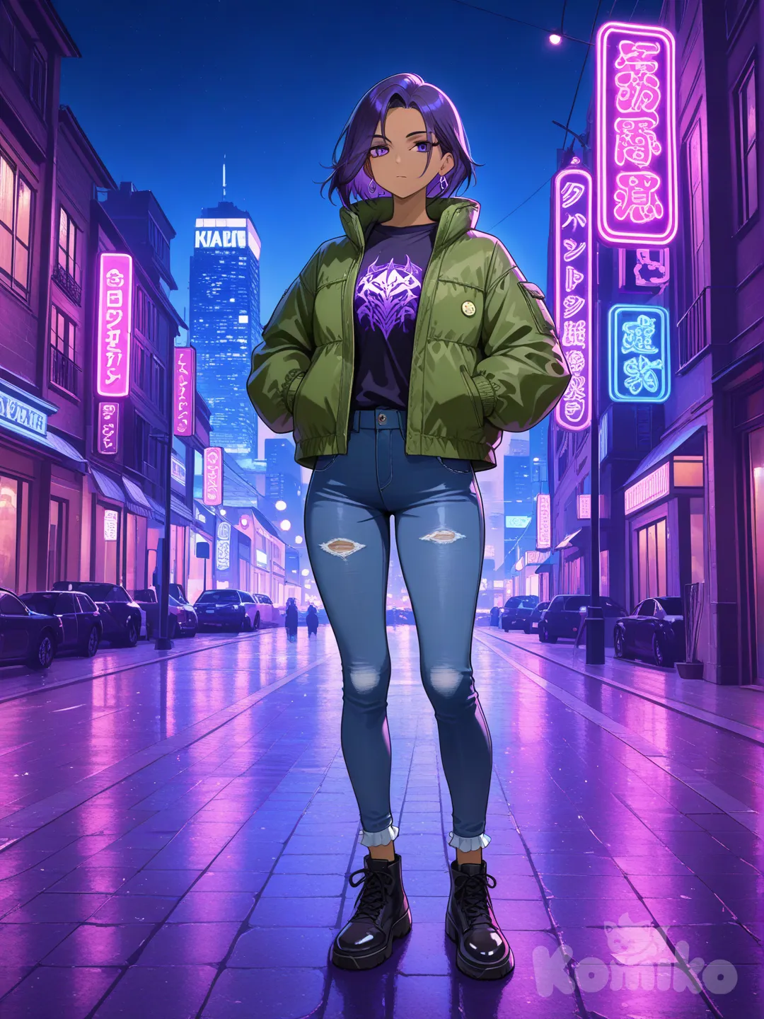 @Raven_(Dc), hands in pockets, t-shirt, jeans, down jacket, ruffles, earrings, full body, city lights, cityscape
