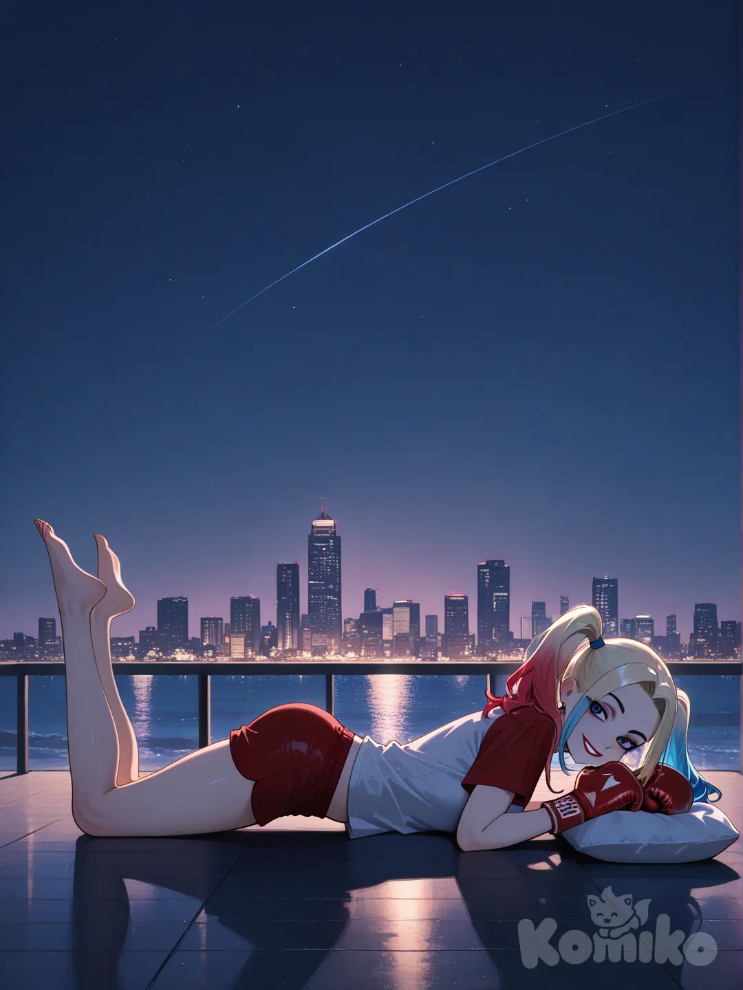 @Harley_Quinn, waving, lie on stomache, t-shirt, beach shorts, pajamas, boxing gloves, full body, side light, city lights, cityscape