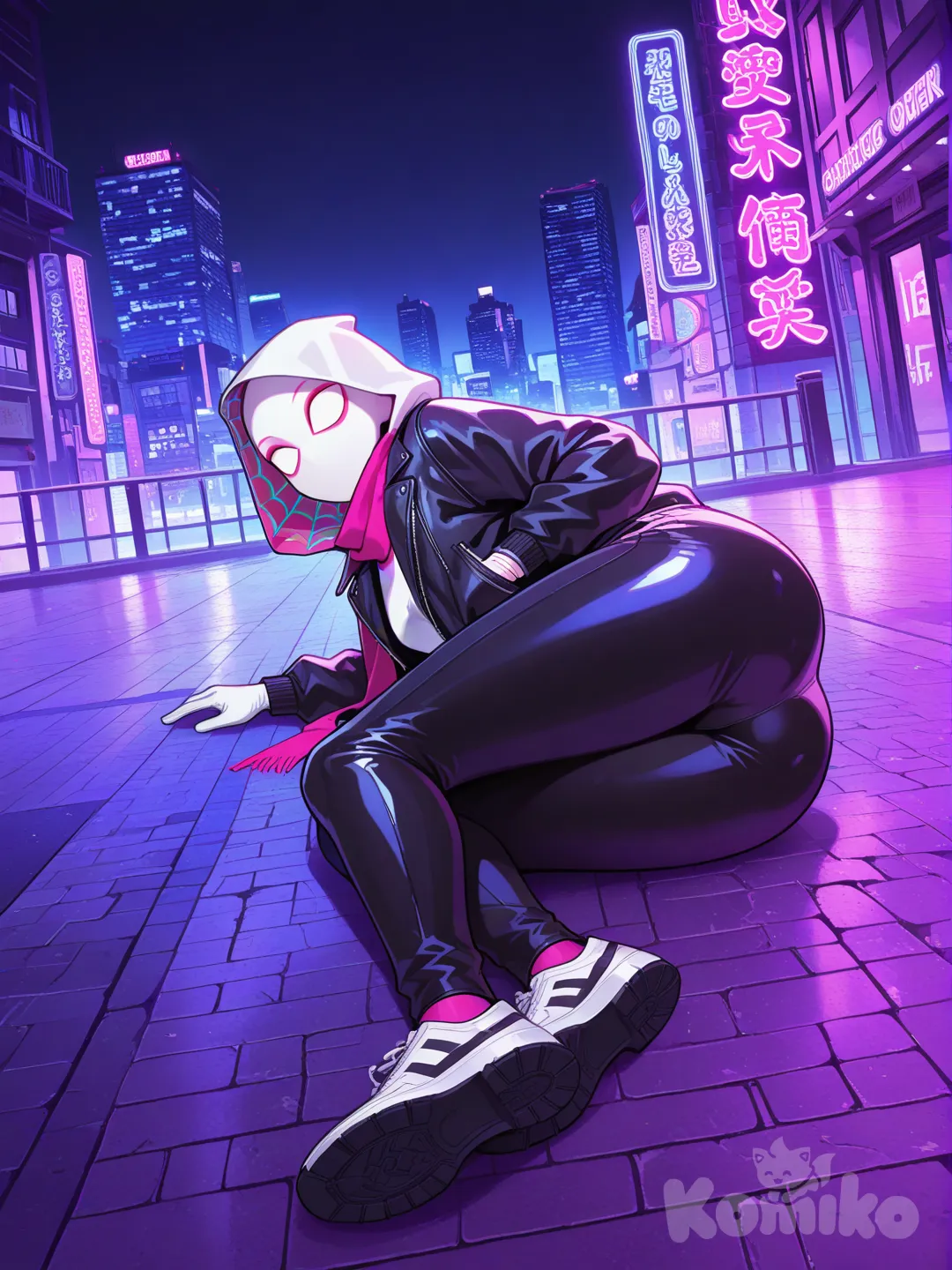@Spider-Gwen, hands in pockets, lie on stomache, t-shirt, leather jacket, suit pants, tracksuit, plastic, scarf, full body, cityscape, neon lights