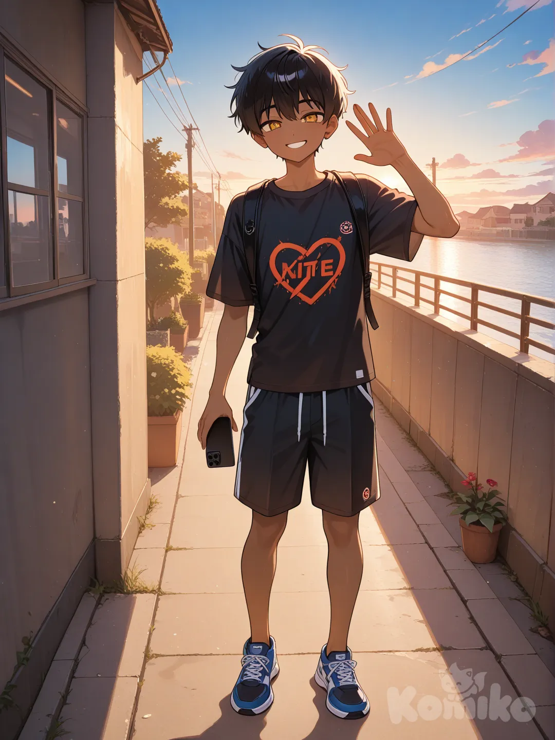 @Miles_Morales, selfie, waving, t-shirt, beach shorts, school uniform, lace, full body, twilight, blue sky