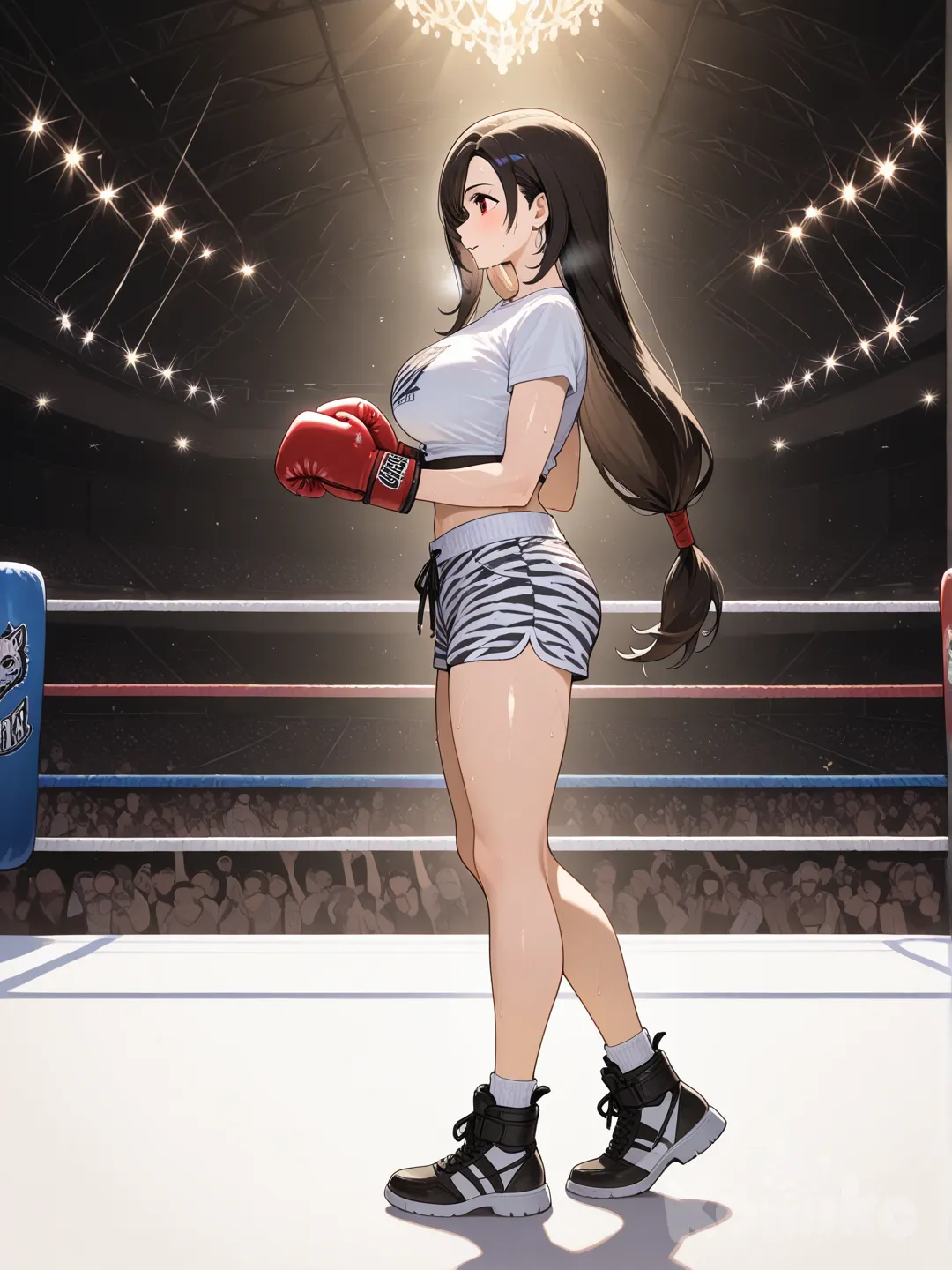 @Tifa_Lockhart, boxing gloves, boxing_ring, stadium, t-shirt, beach shorts, zebra print, full body, side light